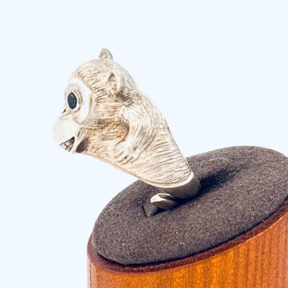 Estate Sterling Silver 925 3D Monkey Ring Black Onyx Eyes Adjustable Size 10 - Picture 4 of 10